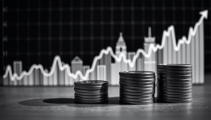 Financial growth and strategy business environment minimal black and white composition stacked coins high contrast viewpoint