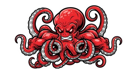 Cartoon Red Octopus with Menacing Expression on White Background