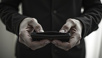 Monochrome editorial portrait of hands holding an empty wallet studio setting minimalist approach thought-provoking concept