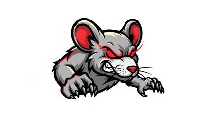 Cartoonish Gray Mouse Character with Red Eyes and Ears on White Background Angrily Prowling with Sharp Claws in Pixel Art Style