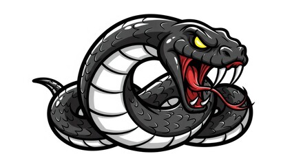 Cartoonish Black Snake Coiled with Open Mouth and Red Tongue on White Background
