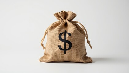 Minimalist product style shot of a burlap money bag studio setting close-up view financial concept