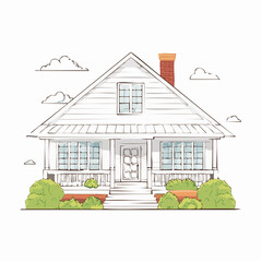 Charming architectural drawing of a quaint house with chimney and surrounding landscaping
