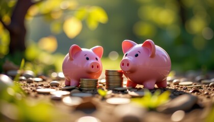 Piggy banks saving coins in a miniature garden tiltshift effect creative nature scene close-up view