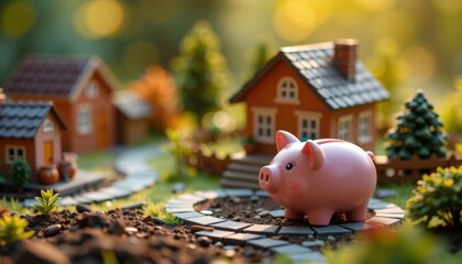 Tiltshift miniature effect on colorful toy pig in quaint neighborhood outdoor scene playful perspective
