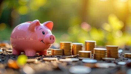 Financial growth visualization outdoor garden tiltshift miniature diorama effect warm lighting close-up view savings concept