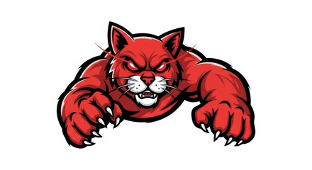Fierce Red Feline Mascot with Glowing Red Eyes and Sharp Claws on a White Background Design Logo Illustration