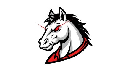 Graphic White Horse Head with Red Eyes and Mane on White Background, Stylized Digital Art Illustration, Bold Outlines and Sharp Details, Animal Symbolism, Fierce Expression