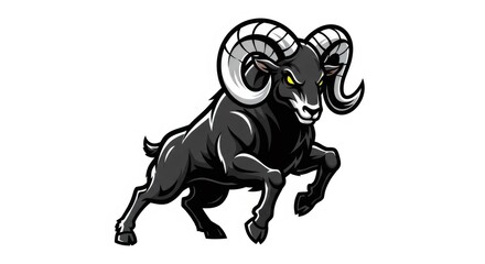 Illustration Of A Black Ram With Large Horns Running Forward On A White Background