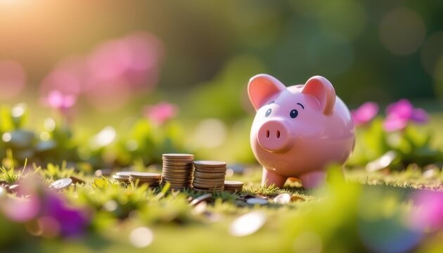 Tiltshift miniature diorama effect savings journey with piggy bank and coins nature setting close-up view financial growth concept