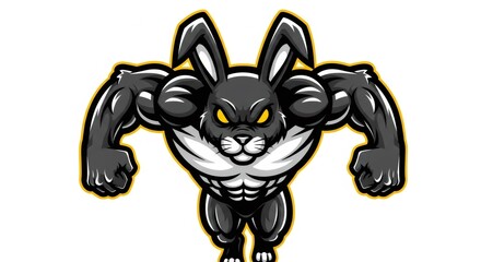 Muscular Black Rabbit Mascot with Yellow Eyes on White Background