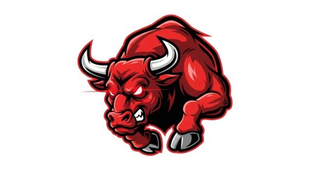 Pixelated Red Bull Charging Aggressively with Glowing Eyes on White Background Mascot for Gaming Esports