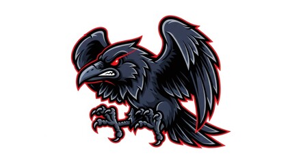 Pixelated Black Raven with Red Outline and Eyes Against White Background