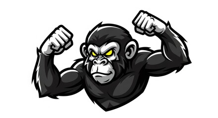 Powerful Gray Gorilla Cartoon Mascot with Flexed Biceps and Yellow Eyes on a Clean White Background Expressing Strength Aggression and Determination