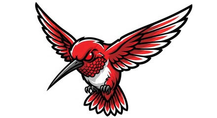 Pixelated Red Hummingbird in Flight with Intricate Feather Detail and Aggressive Expression Isolated on White Background