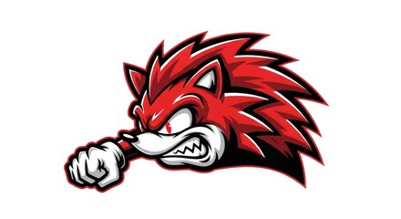Red and White Pixelated Illustration of an Animalistic Character with Aggressive Posture and Sharp Teeth on White Background