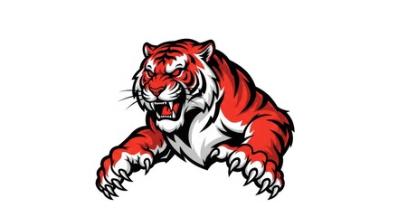 Red and White Tiger Illustration with Angry Expression on White Background