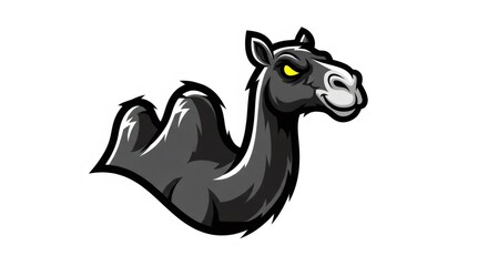 Stylized Illustration of a Dark Grey Camel with Yellow Eyes on White Background Graphic Design Animal Wildlife Humor Desert Creature Arabian Mammal