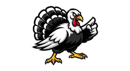 Stylized Turkey Mascot with Aggressive Expression in Black White and Red on a Clean White Background for Sport Team Logo