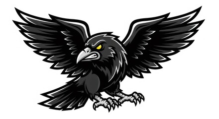 Vector Image of an Aggressive Black Raven Spreading Wings and Showing Claws on a White Background with Yellow Eyes