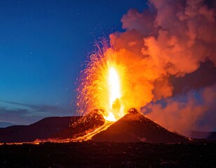 Erupting volcano at night, with molten lava flow