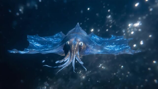 Frontal view of giant squid or large deep-sea creature swimming upward toward camera, dark mysterious ocean lighting