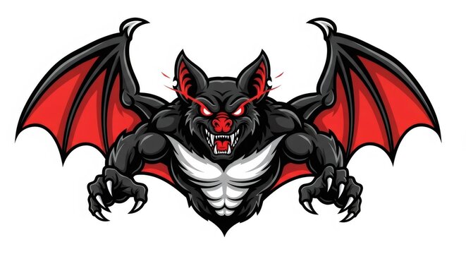 Aggressive Black and Red Bat Cartoon Mascot Flying with Glowing Red Eyes and Sharp Claws Isolated on White Background Pixel Art Style