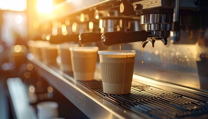 Espresso machine dispensing coffee into takeaway cups, backlit by sunshine