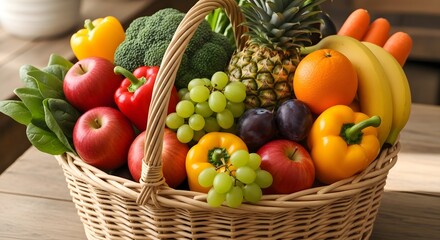 Basket of assorted fresh fruits and vegetables on wooden surface