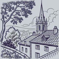 WebIntricate pen sketch of rooftops and a church spire, showcasing architectural details and a serene cityscape