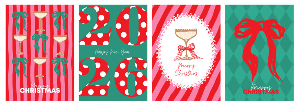 Merry Christmas greeting card, banner, poster, cover templates. Modern bright Xmas design with beautiful doodle elements, Christmas bows, champagne glass. 2026 happy new year.