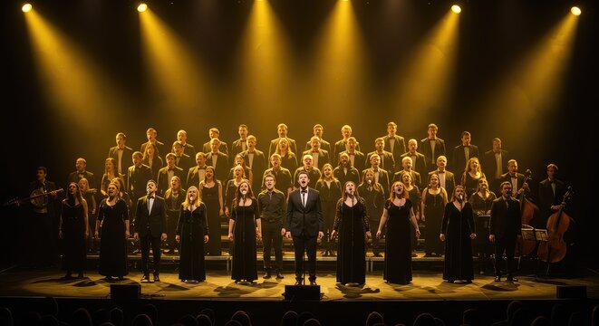 A large, diverse group of singers performing complex musical arrangements under dramatic golden stage lighting, symbolizing superior vocal achievement ,music ,concert ,formal