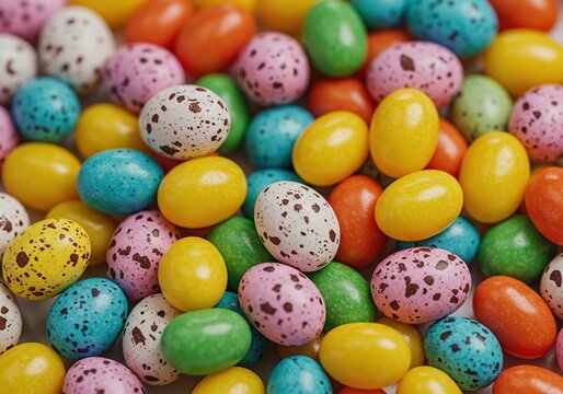 A vibrant pile of colorful easter candy, including speckled chocolate eggs and sugary jelly beans, symbolizes sweet holiday joy and celebration ,basket ,delicious ,abundance