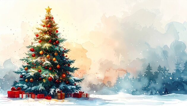 Festive Christmas tree adorned with ornaments and gifts, snowy landscape