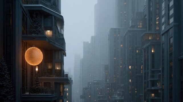 Mysterious cityscape shrouded in fog, glowing orbs illuminate sh