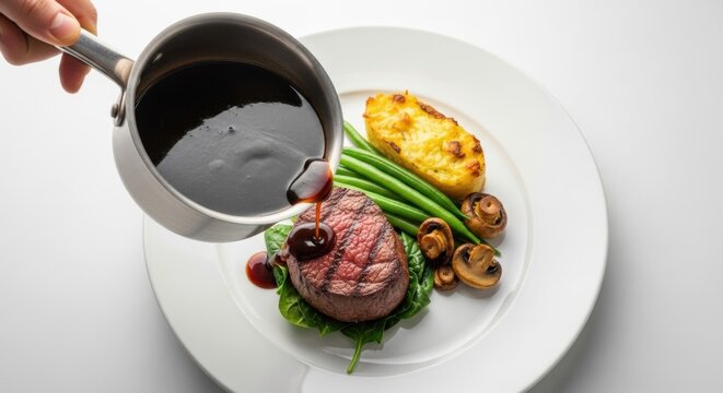 Chef pouring a rich sauce over grilled filet mignon. Gourmet beef dinner with green beans and mushrooms. Fine dining culinary presentation. Exquisite restaurant meal preparation