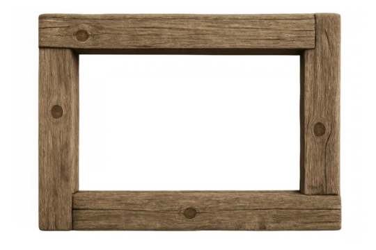 Rustic wooden picture frame creating a blank space for content, isolated on a transparent background