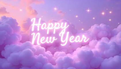 White neon script floats over dreamy, pastel pink and purple clouds.