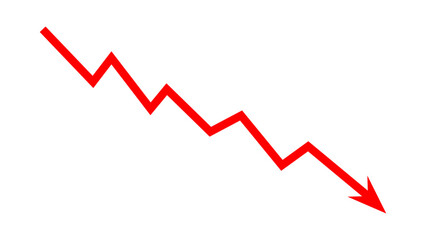 Red falling down arrow zigzag line graph indicates financial loss concept, stock market fall, business loss, market crash, economic loss. Red zigzag arrow downward direction. Vector illustration.