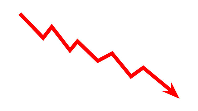 Red falling down arrow zigzag line graph indicates financial loss concept, stock market fall, business loss, market crash, economic loss. Red zigzag arrow downward direction. Vector illustration.