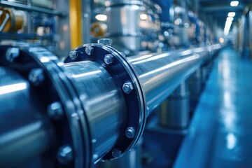 Fototapeta premium Shiny metal pipes illustrate modern wastewater processing infras