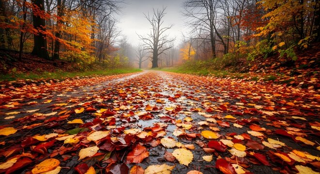 Autumn forest path covered with vibrant red, orange, and yellow fall leaves on a misty, atmospheric morning.