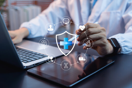 Healthcare and medical technology innovation concept showing digital health systems, online diagnosis, and data-driven solutions connecting doctors and patients for modern healthcare management.