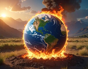 Dramatic image depicting the Earth engulfed in flames, symbolizing climate change