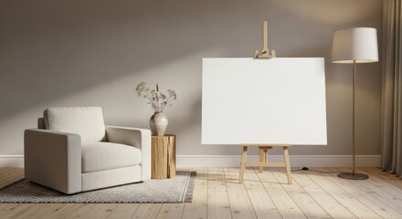 Cozy interior with blank canvas, armchair and minimalist decor for artistic pursuits