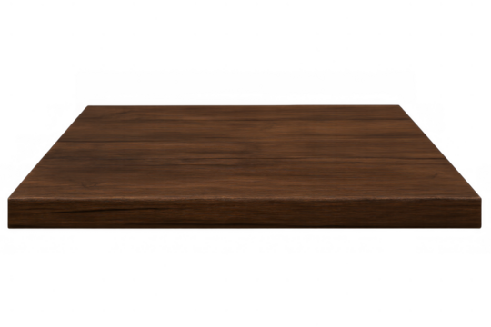 Dark brown wood shelf or table top surface with natural grain horizontal view perfect for product display on transparent background