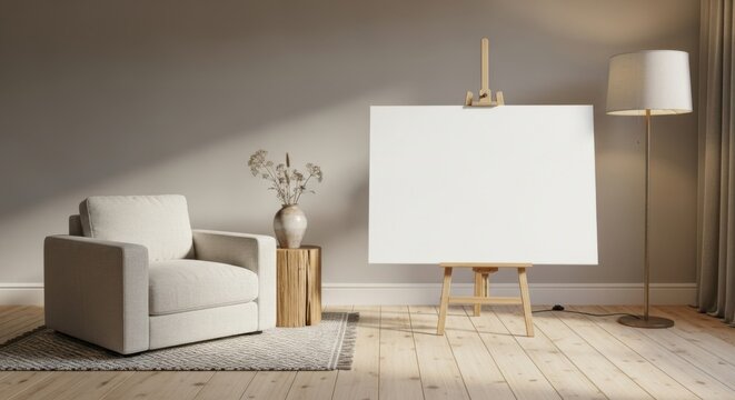 Cozy interior with blank canvas, armchair and minimalist decor for artistic pursuits