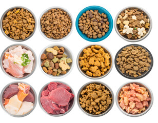A variety of pet food and raw meat displayed in bowls showcasing different textures and ingredients for animals