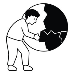 Person examining a large, cracked black sphere/egg