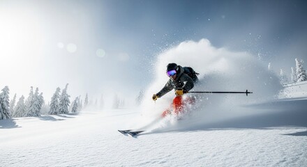 Fototapeta premium Dynamic action of a male skier carving through fresh powder. Extreme winter sports athlete in motion. Professional freeride skiing in a mountain resort. Outdoor adventure and active lifestyle
